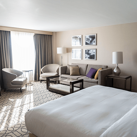 Hotel suite that has a bed, fabric couch and chairs, carpeting, and drapes Hotel suite that has a bed, fabric couch and chairs, carpeting, and drapes