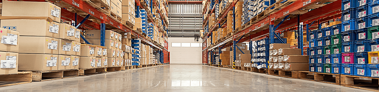 Inside of warehouse with shelves of boxes