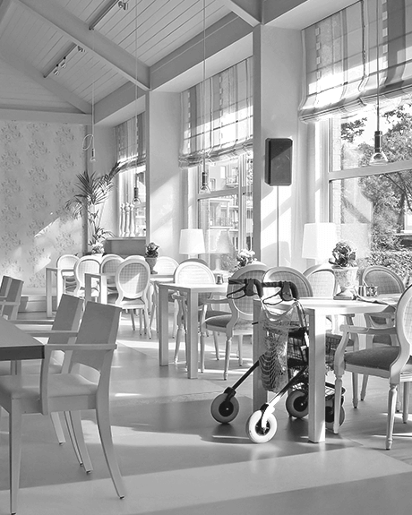Dining area of retirement home with walker Dining area of retirement home with walker
