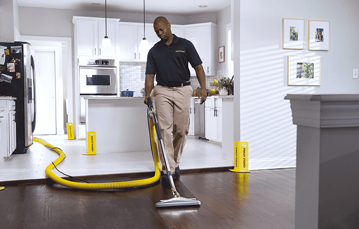 Stanley Steemer tech cleaning hardwood floors Stanley Steemer technician cleaning hardwood floors in dining room