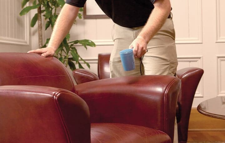 Technician professionally applying leather protector Technician professionally applying leather protector