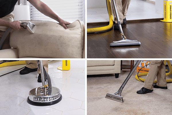 Technician cleaning upholstery, hardwood, tile, and carpet