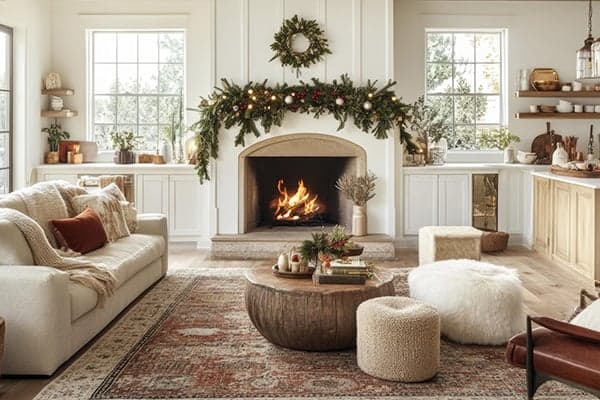 photo of living room with fireplace decorated for holidays