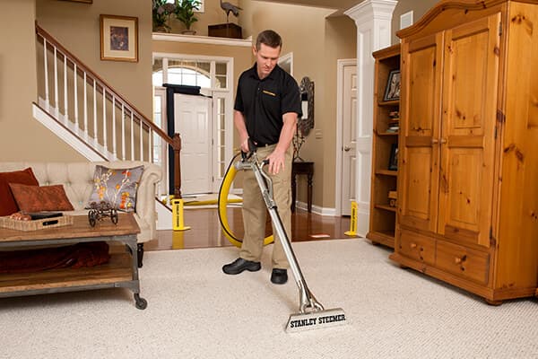 stanley steemer technician cleaning white carpet in living room