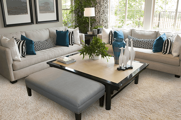 What To Use To Clean Carpet Natural light coming in through windows to show a carpeted living room with two couches and a coffee table