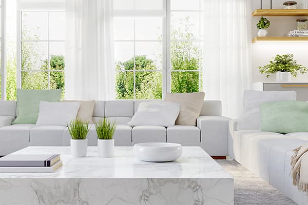 Clean living room with white furniture and greenery