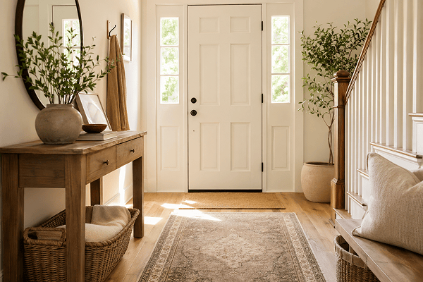 foyer with rug and hardwood floors
