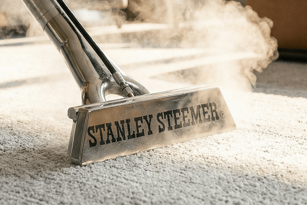 stanley steemer wand on carpet with steam billowing