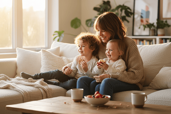 kids eating snacks on the couch with their mom all are happy