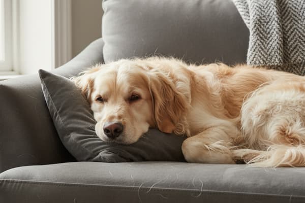 golden retriever sleeping on gray couch