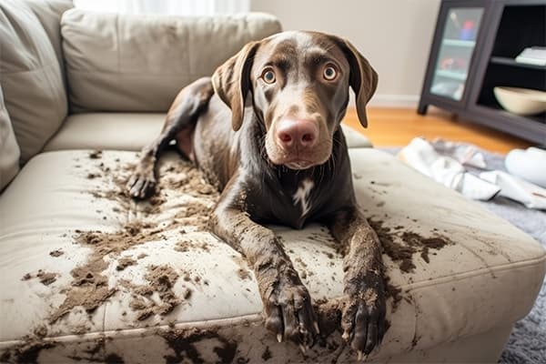 MuddyDogOnCouch muddy chocolate lab lying on beige couch