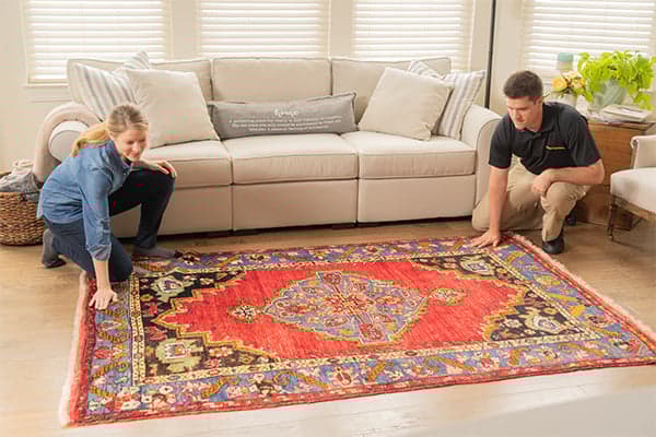 Stanley Steemer technician inspecting rug Stanley Steemer technician inspecting rug with customer