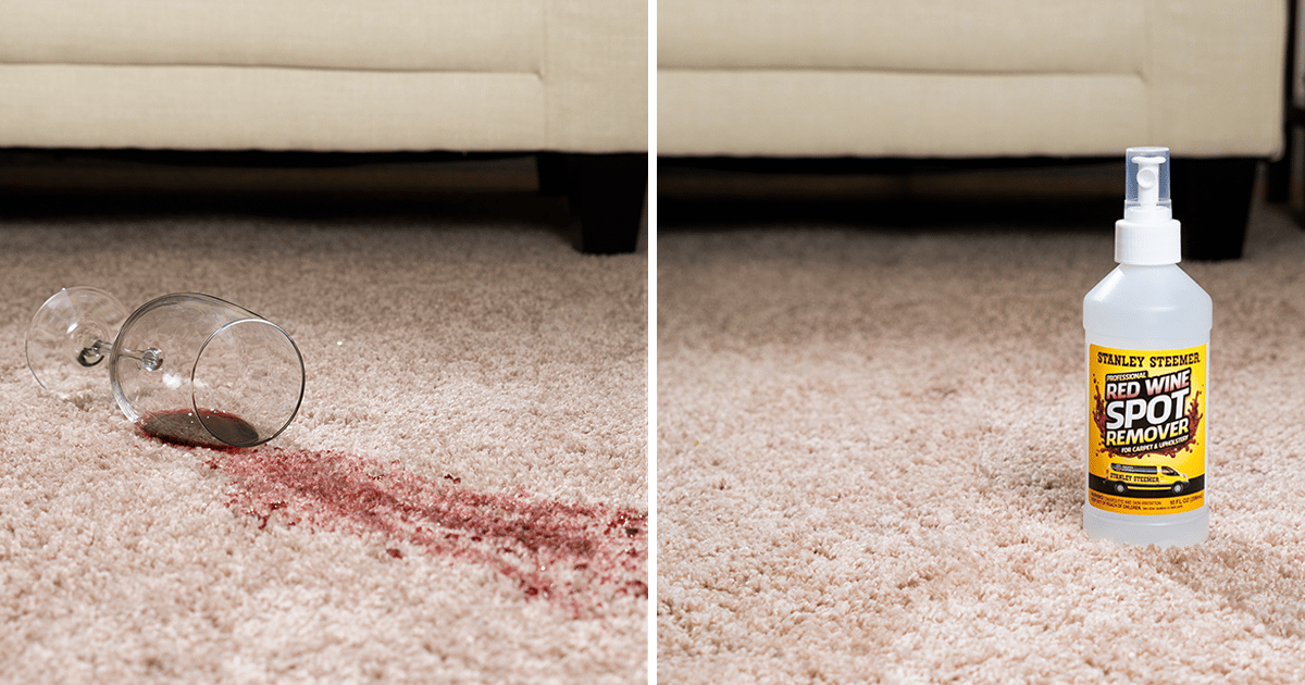 Stanley Steemer Red Wine Remover Before and after of clean carpet after using Red Wine Remover