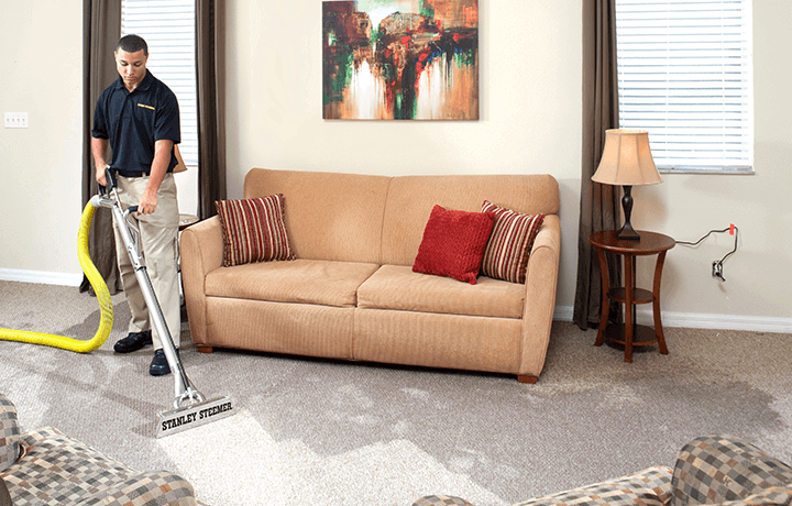 24 HR Water Restoration Services Stanley Steemer technician extracting water from carpet in living room